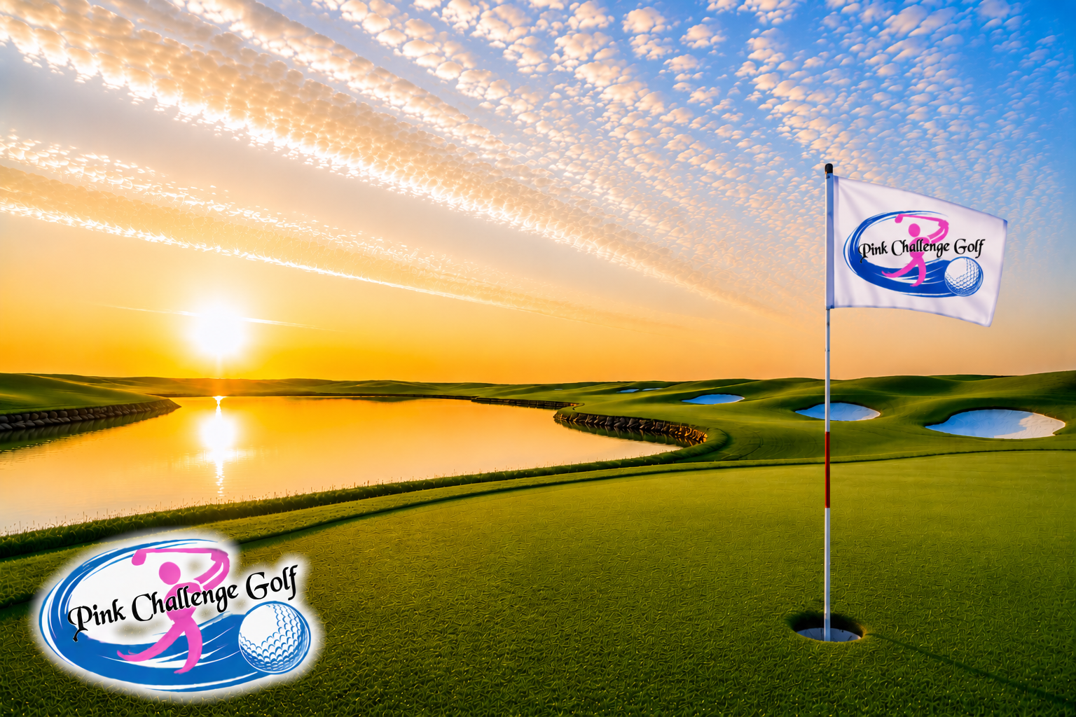 Golf course at sunset with Pink Challenge Golf flag